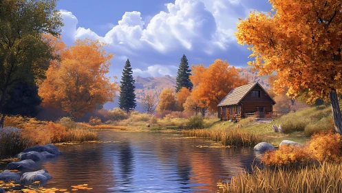 Log cabin beside reflective river in detailed autumn landscape