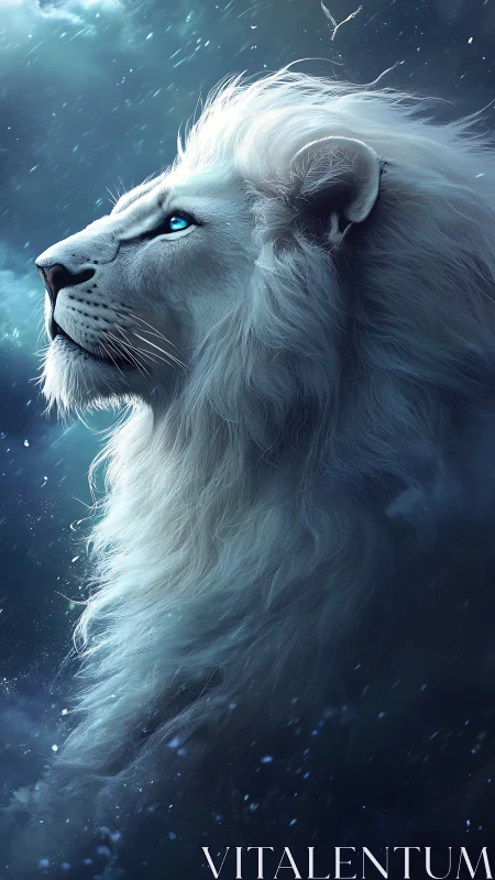 Bioluminescent-eyed white lion rendered in atmospheric profile