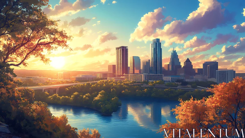 Golden hour city skyline glows above a tranquil riverside