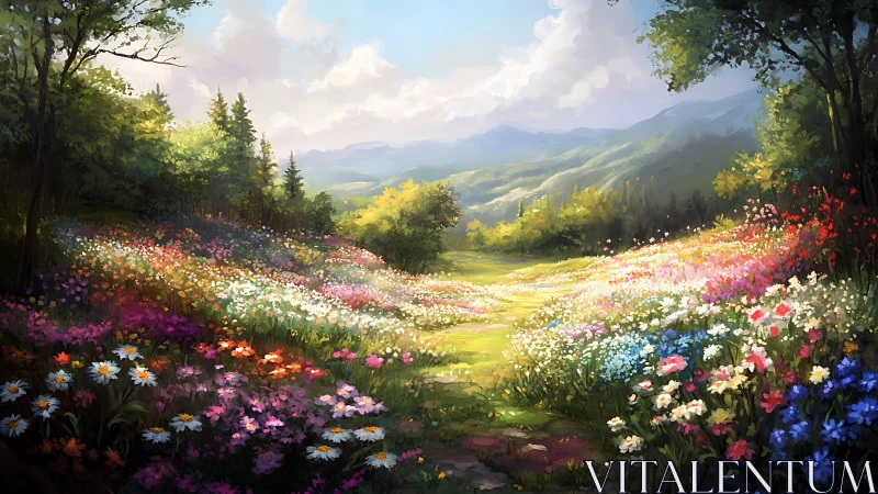 Sunlit wildflower valley with distant blue mountain ridges.