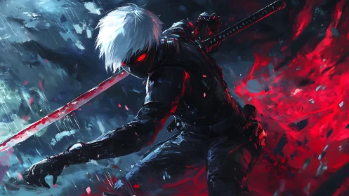 White haired masked swordsman attacks with glowing red blade