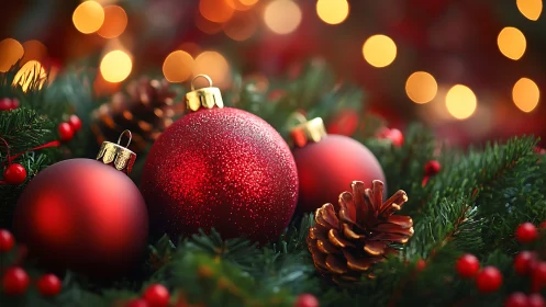 Red Christmas ornaments glow amid evergreen bokeh lights.