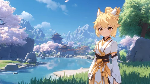 Fox-eared anime girl beside serene sakura river valley.