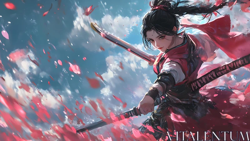 Sword-wielding warrior woman strikes amid drifting petals
