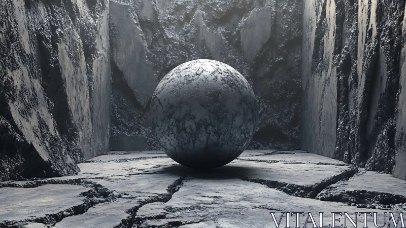 Textured stone sphere within fractured monolithic chamber.