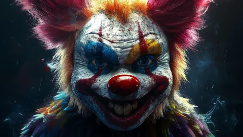Menacing clown portrait with intense colorful makeup.