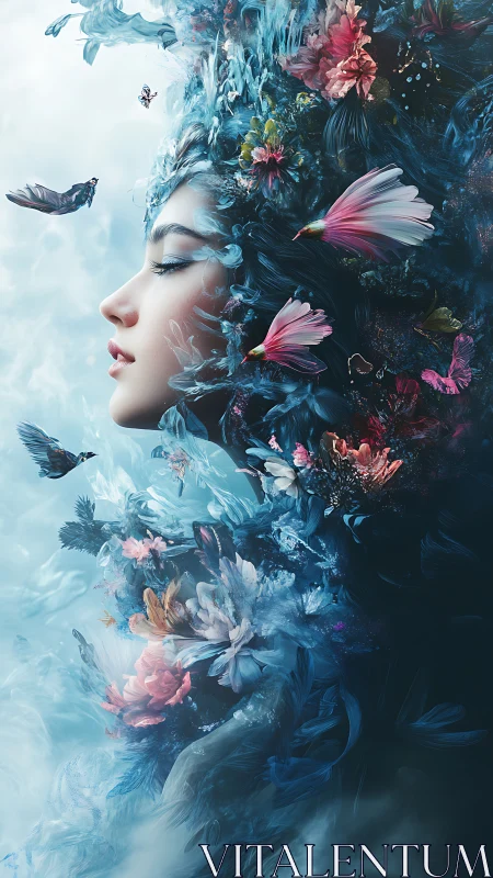 Aerial floral visage in turbulent chromatic vapor flow.