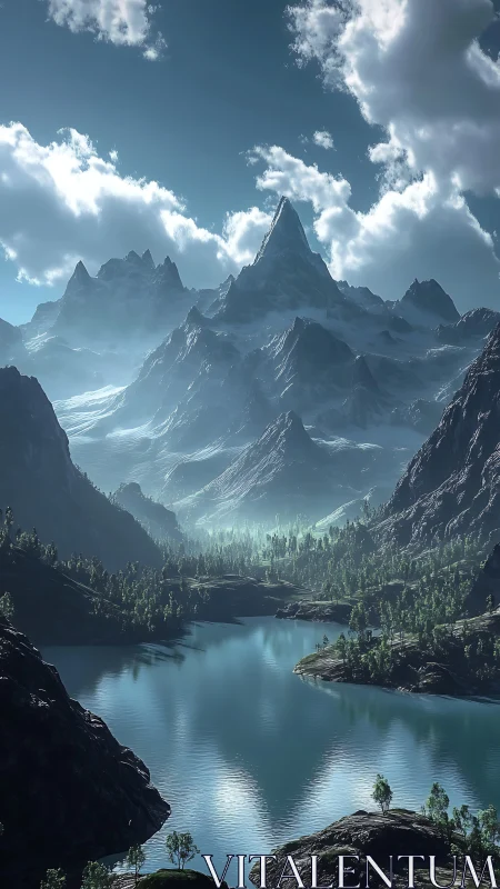 Digital alpine mountain range extends above reflective lake