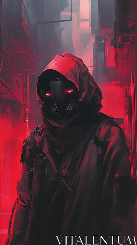 Cybernetic rogue in red neon alley with glowing visor eyes.