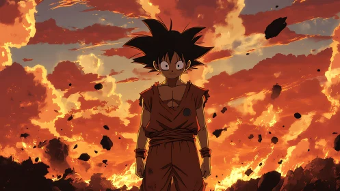 Anime warrior stands against explosive burning sky.