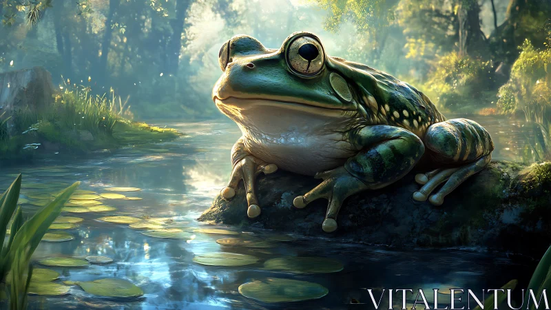 Pondside daydreamer frog basking in enchanted forest glow.