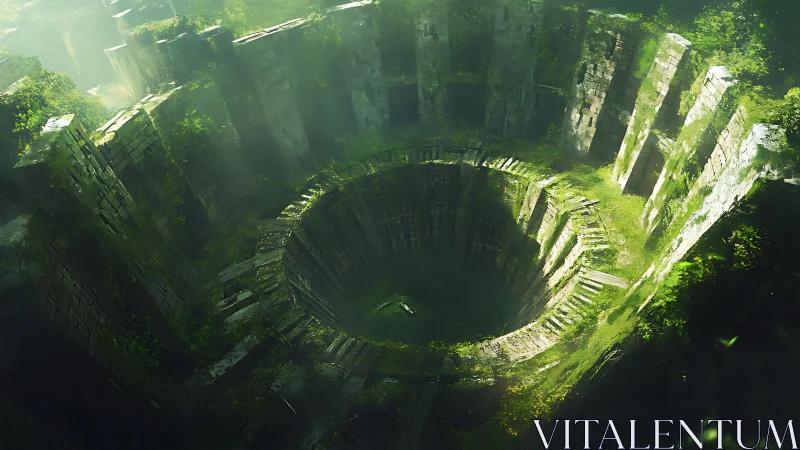 Overgrown circular stone ruin enclosing deep central shaft.