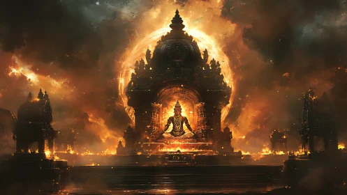 Radiant temple guardian seated in a halo of living fire.