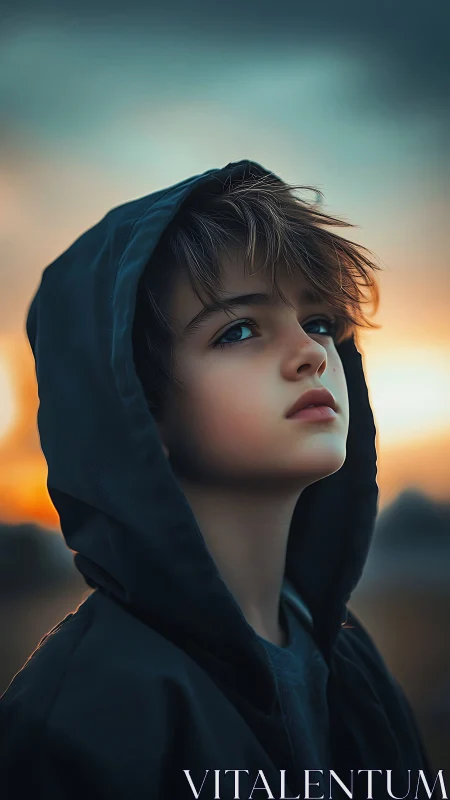 Contemplative Child in Dark Hood at Sunset.