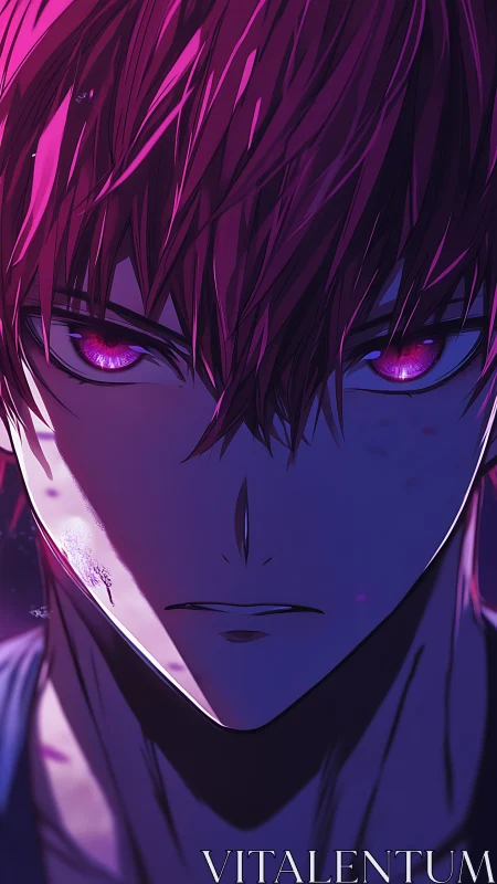 Stoic anime fighter under neon magenta rim light portrait.