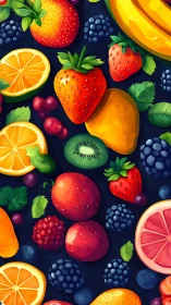 Midnight fruit carnival with neon-bright berry confetti.