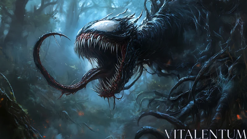 Biomechanical symbiote creature extends tendrils through foggy forest