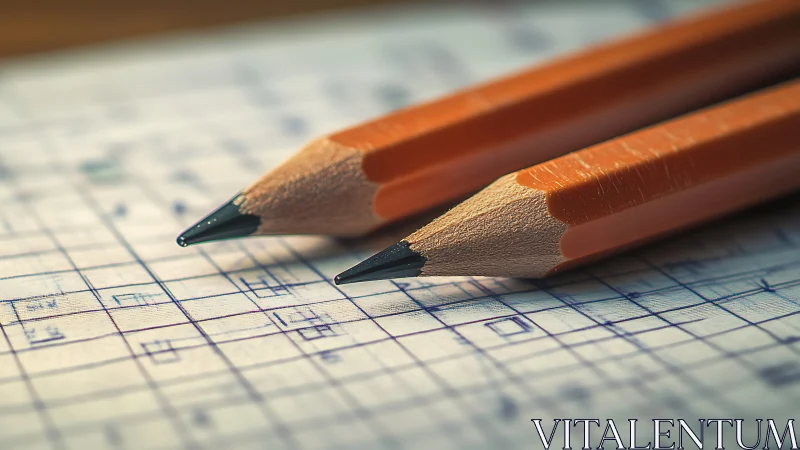 Two sharpened pencils lie on detailed technical grid paper
