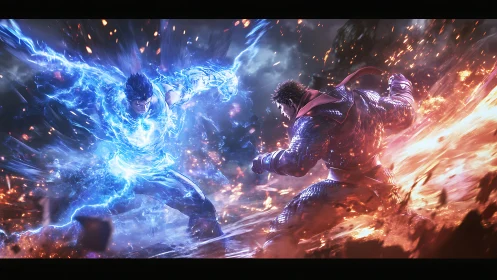 Elemental warriors collide in dynamic blue and red energy duel.