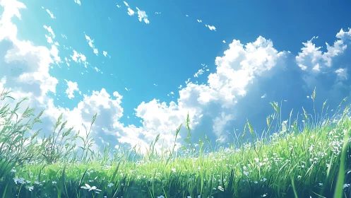 Sunlit wildflower hillside under a bright, drifting sky.