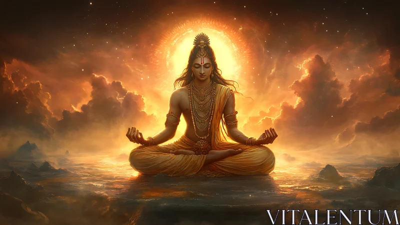 Divine yogi in radiant cosmic meditation over ocean.