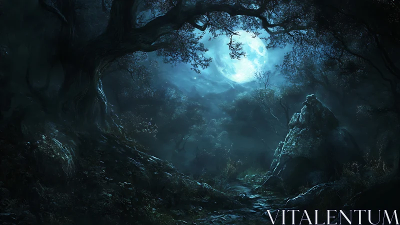 Moon-drowned forest path whispering through silver shadows.