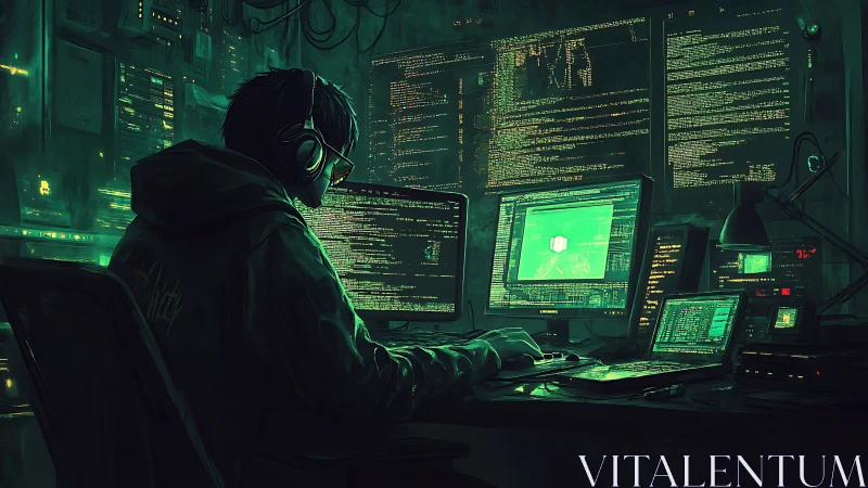 Midnight code sorcerer in neon hacker command cathedral.