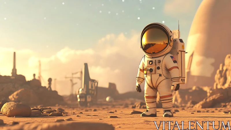 Cartoon astronaut standing on dusty alien desert landscape.