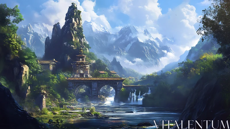 Ancient mountain temple bridge spans river under snowy peaks.