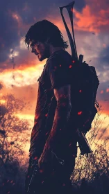 Backlit survivor profile with weapon rig at burning dusk.