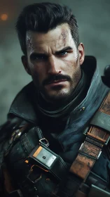 Weathered future guardian with steel-blue, determined gaze.