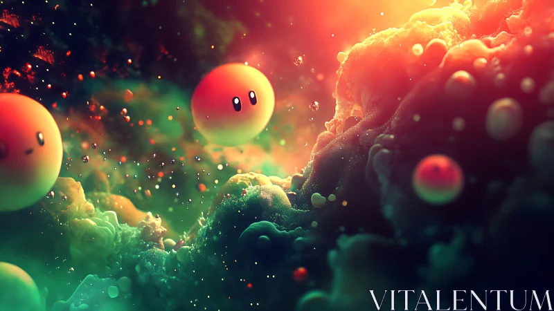 Spherical characters intersect dense, glowing nebular forms