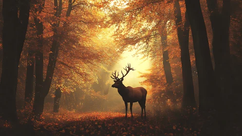 Majestic stag in radiant autumn forest, glowing sunlight, dramatic mood.