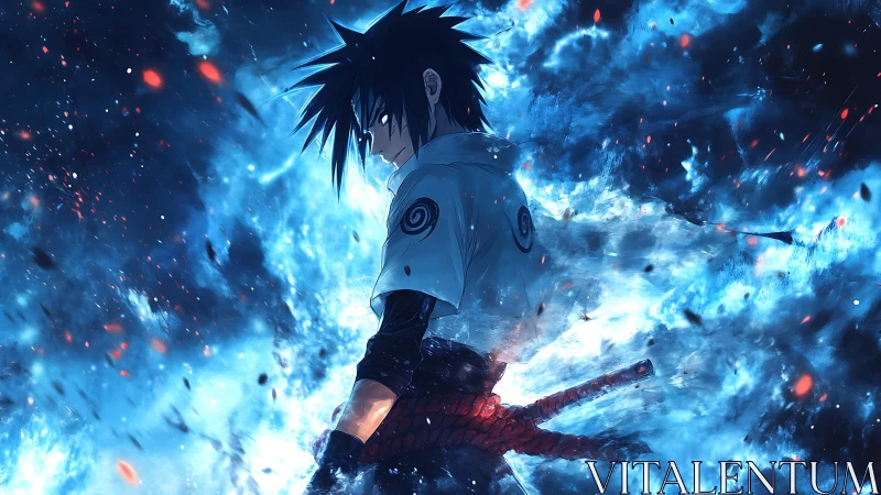 Anime warrior in volatile blue energy vortex composition.