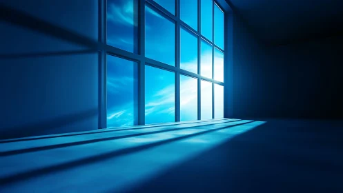 Sunlit blue interior where window shadows sculpt calm space.