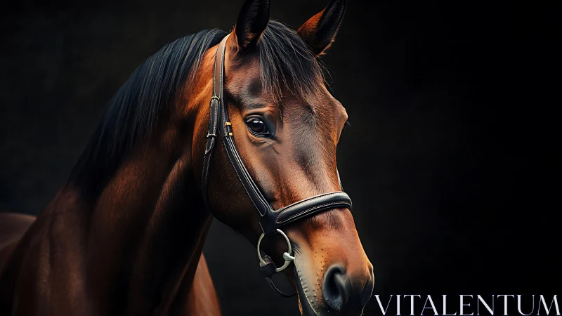 Brown horse head portrait with bridle against dark backdrop
