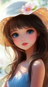 Anime girl portrait in sunlit hat with pink flower.