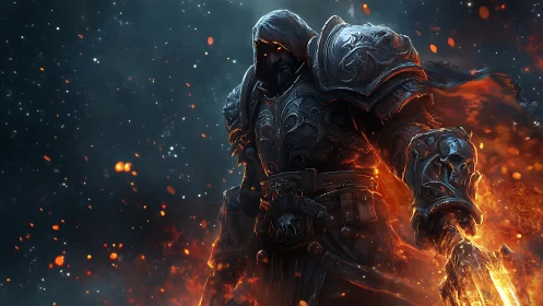 Hooded armored warrior with flaming sword in embers field.