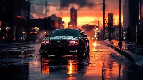 Black sedan on wet urban street at sunset in cityscape.