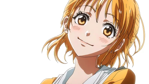Close frontal view of orange haired anime girl character