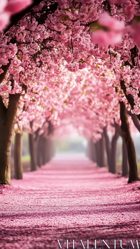 Cherry blossom tree tunnel over petal-covered pathway.