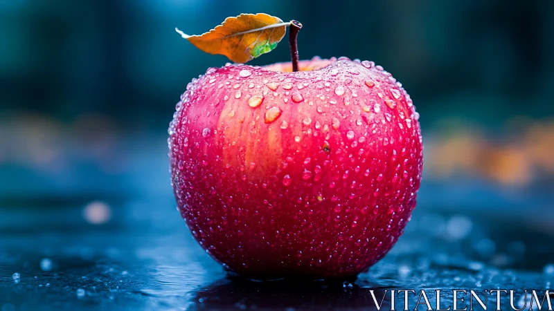 Red apple with water droplets stands on dark wet surface