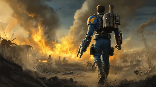 Lone vault wanderer strides into the firelit wasteland dusk