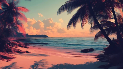 Tropical Sunset Beach with Palm Fronds and Turquoise Waters.