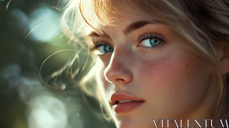 Hyper-detailed bokeh portrait renders freckled skin and rim lighting