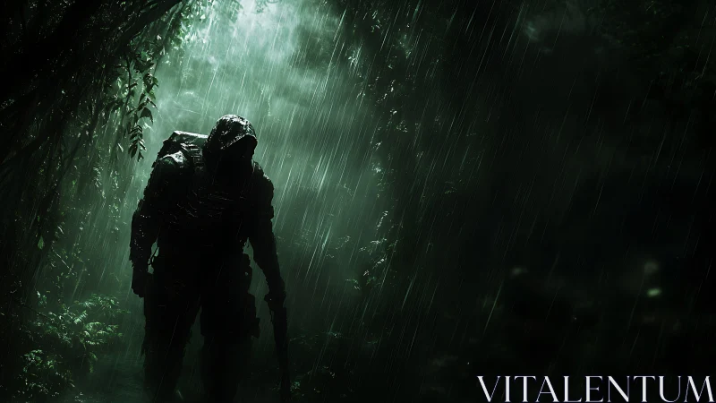 Rain-soaked jungle sentinel stalking the emerald downpour.