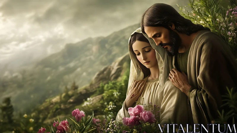 Two Figures in Contemplative Pose Overlooking Mountain Valley