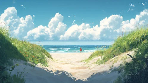 Soft summer dunes open toward calm waves and bright skies