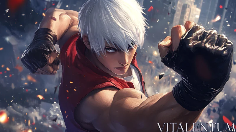 White-haired fighter holds a forward punch in urban debris