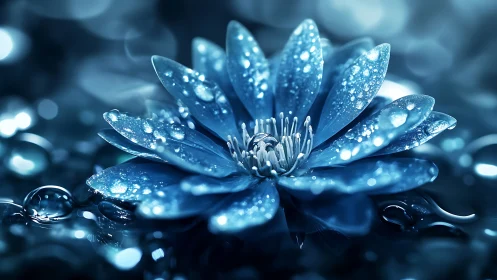 Macro blue lotus rendered with hyperreal dewy petal detail